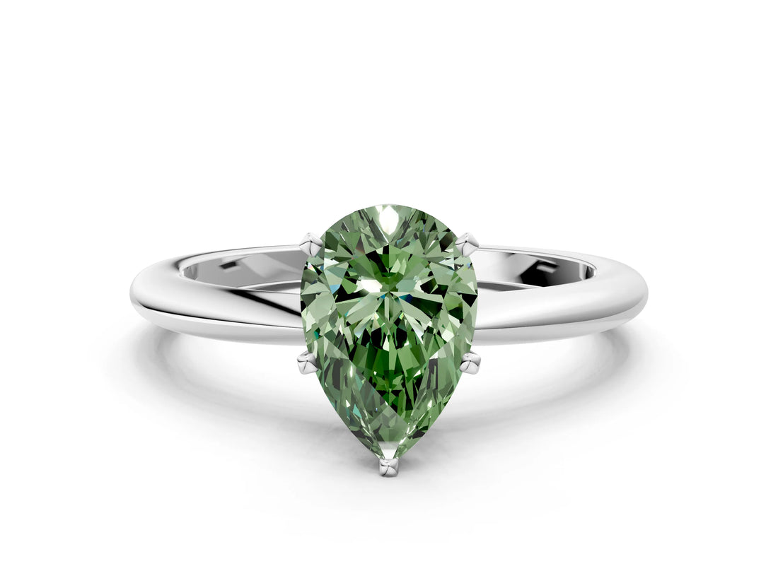 White gold Fancy Green Pear Cut Diamond Solitaire Ring with Six-Prong Setting and Classic Band_306