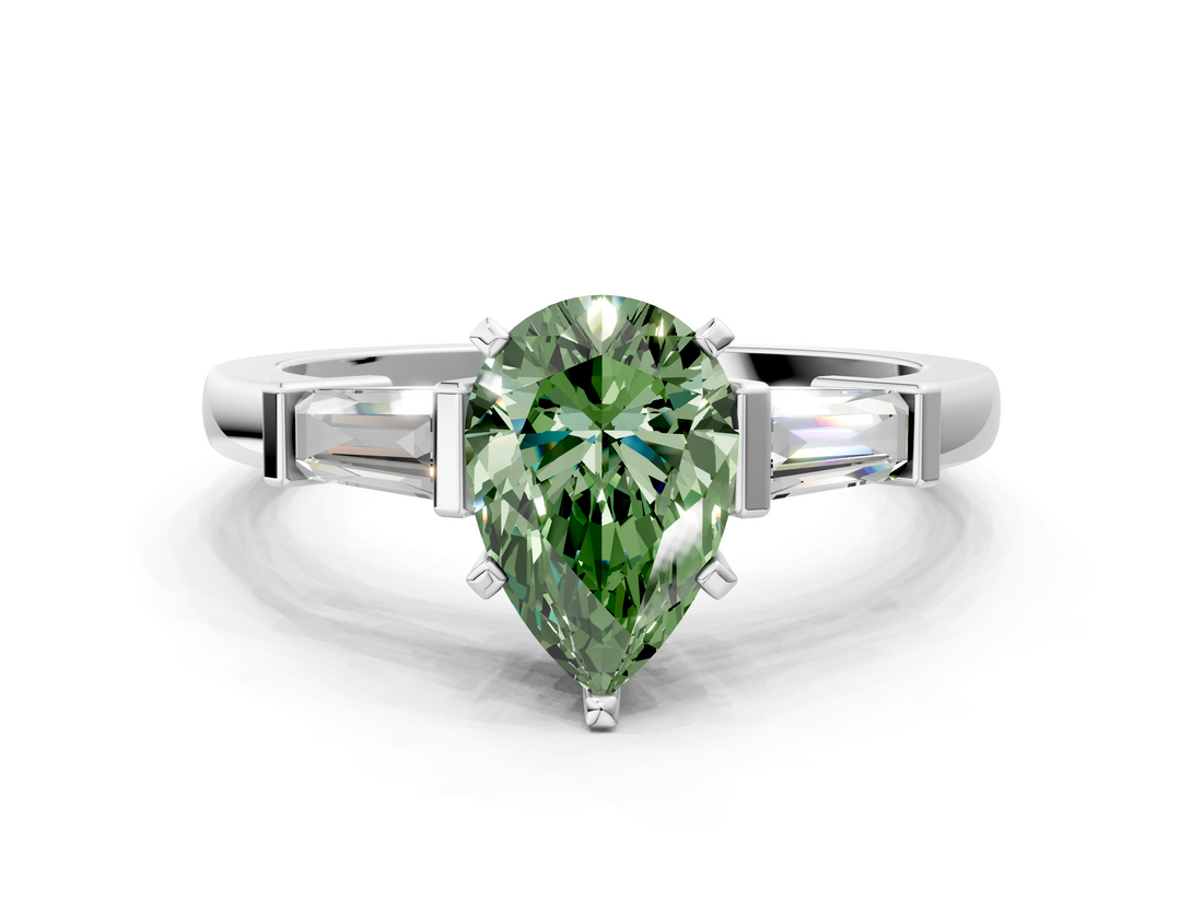 White gold Fancy Green Pear  Cut Diamond Solitaire Ring with Tapered Baguette Accents and Four-Prong Setting_58