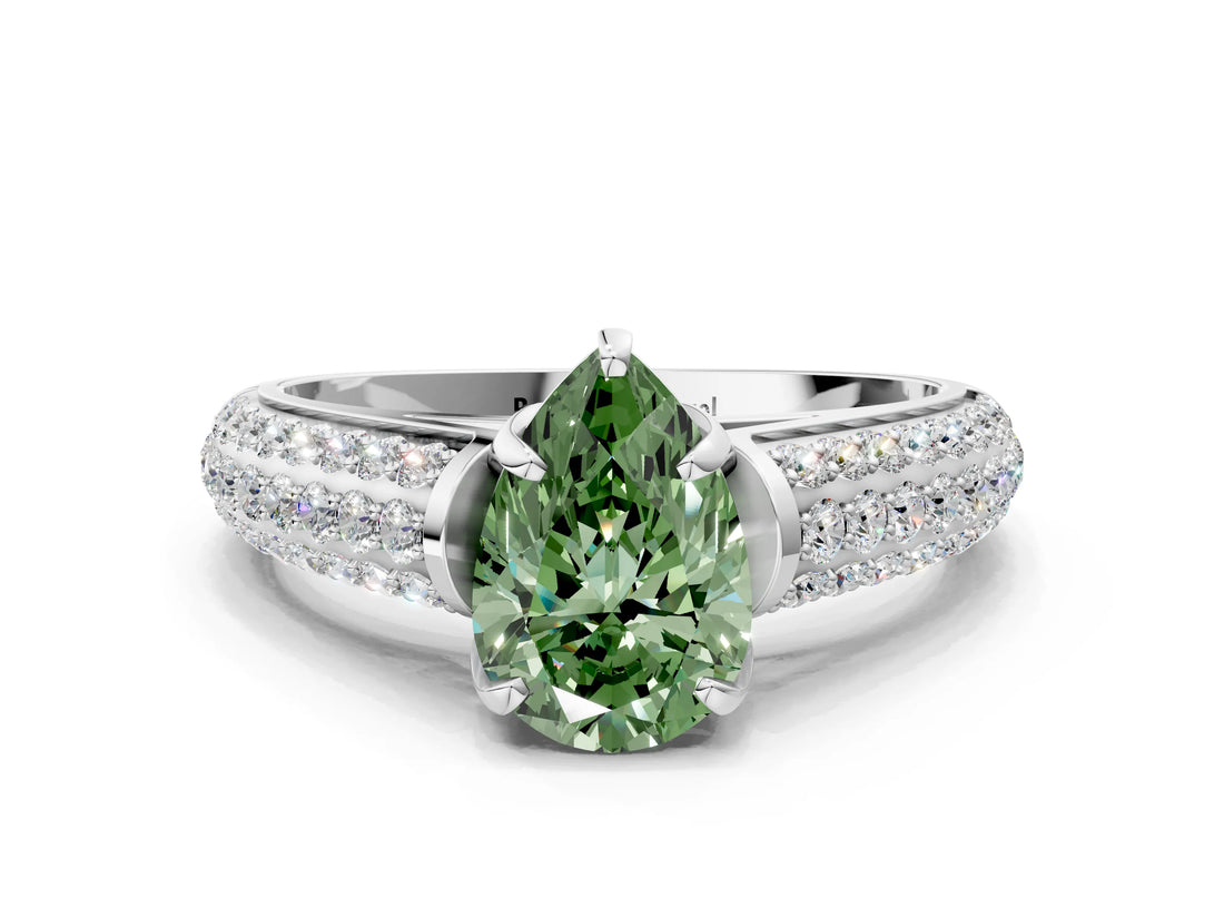 White gold Fancy Green Pear Cut Diamond Solitaire Ring with Three-Row Pavé Band and Four-Prong Setting_49
