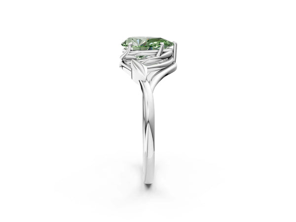 White gold Fancy Green Pear Cut Diamond Solitaire Ring with Twist Band and Four-Prong Setting