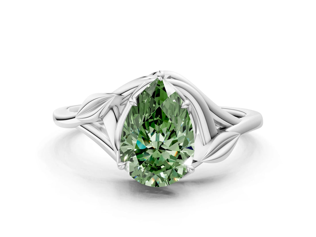 White gold Fancy Green Pear Cut Diamond Solitaire Ring with Twist Band and Four-Prong Setting_93