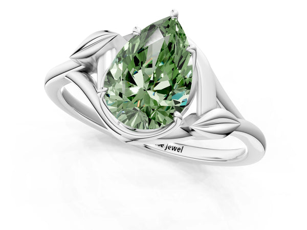 White gold Fancy Green Pear Cut Diamond Solitaire Ring with Twist Band and Four-Prong Setting