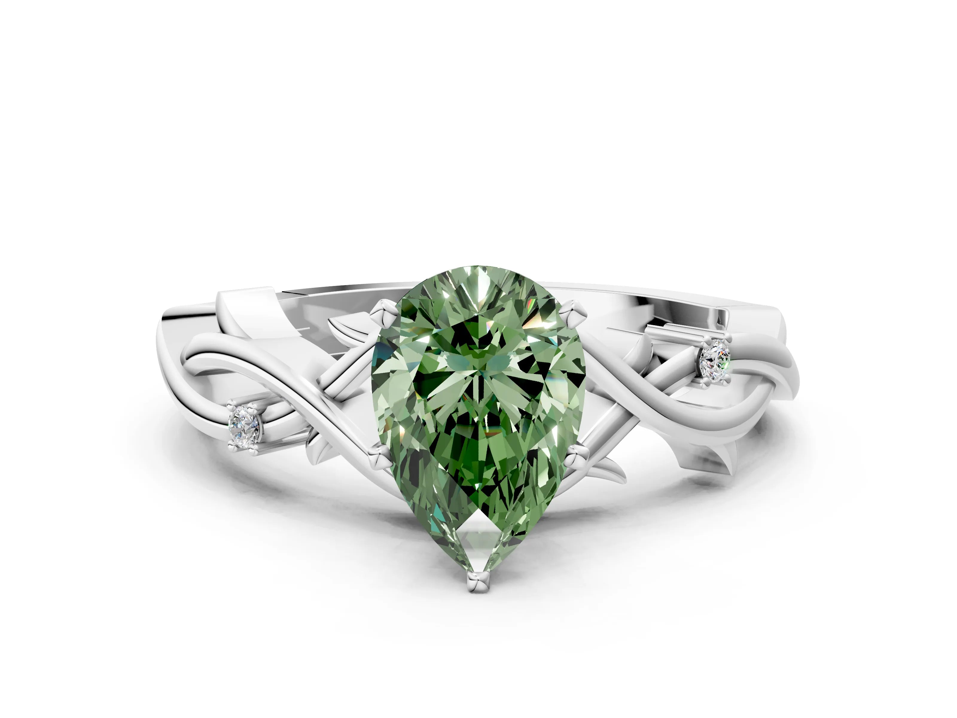 White gold Fancy Green Pear Cut Diamond Solitaire Ring with Twisted Band and Prong Setting_248