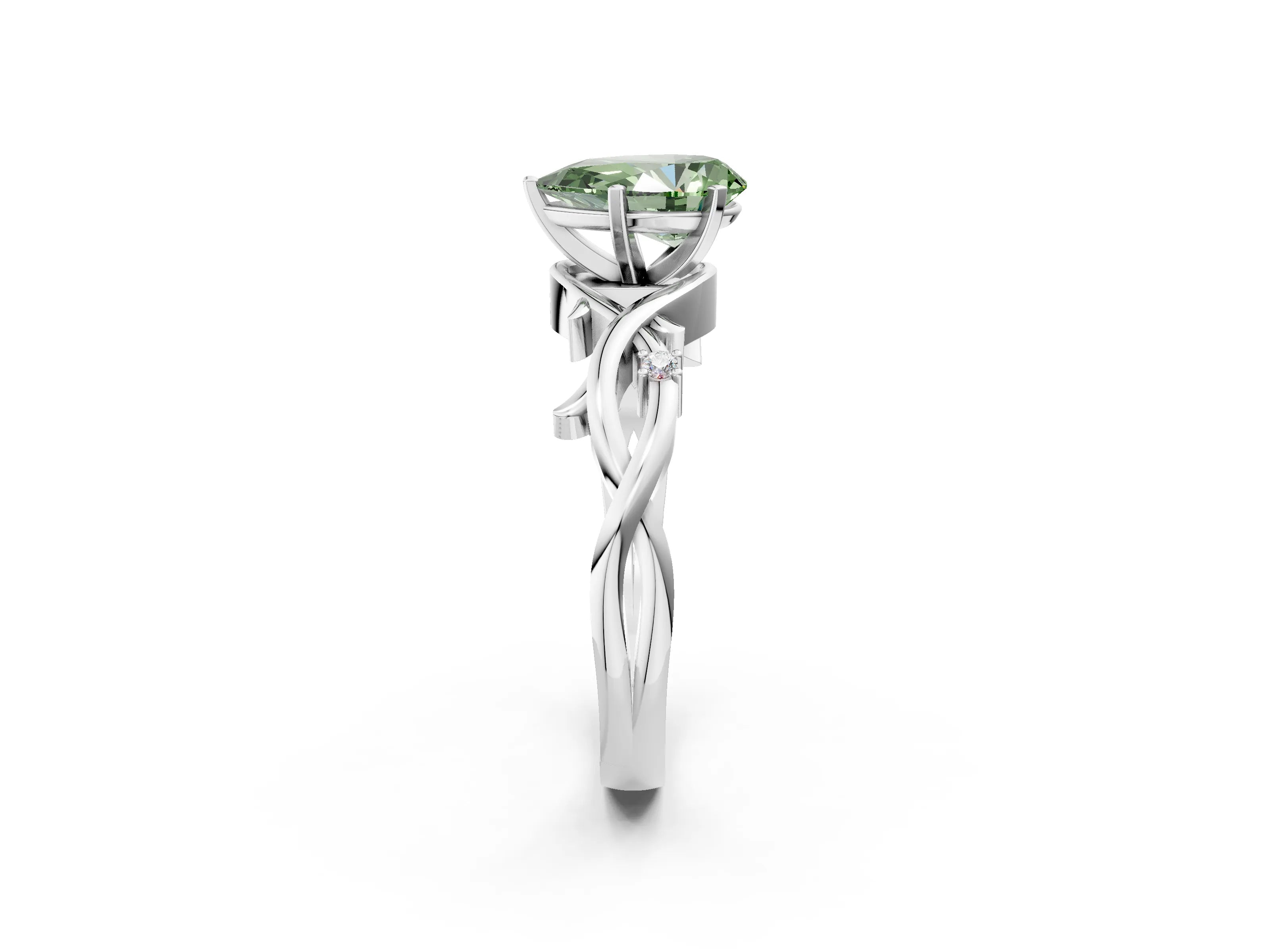 White gold Fancy Green Pear Cut Diamond Solitaire Ring with Twisted Band and Prong Setting_250