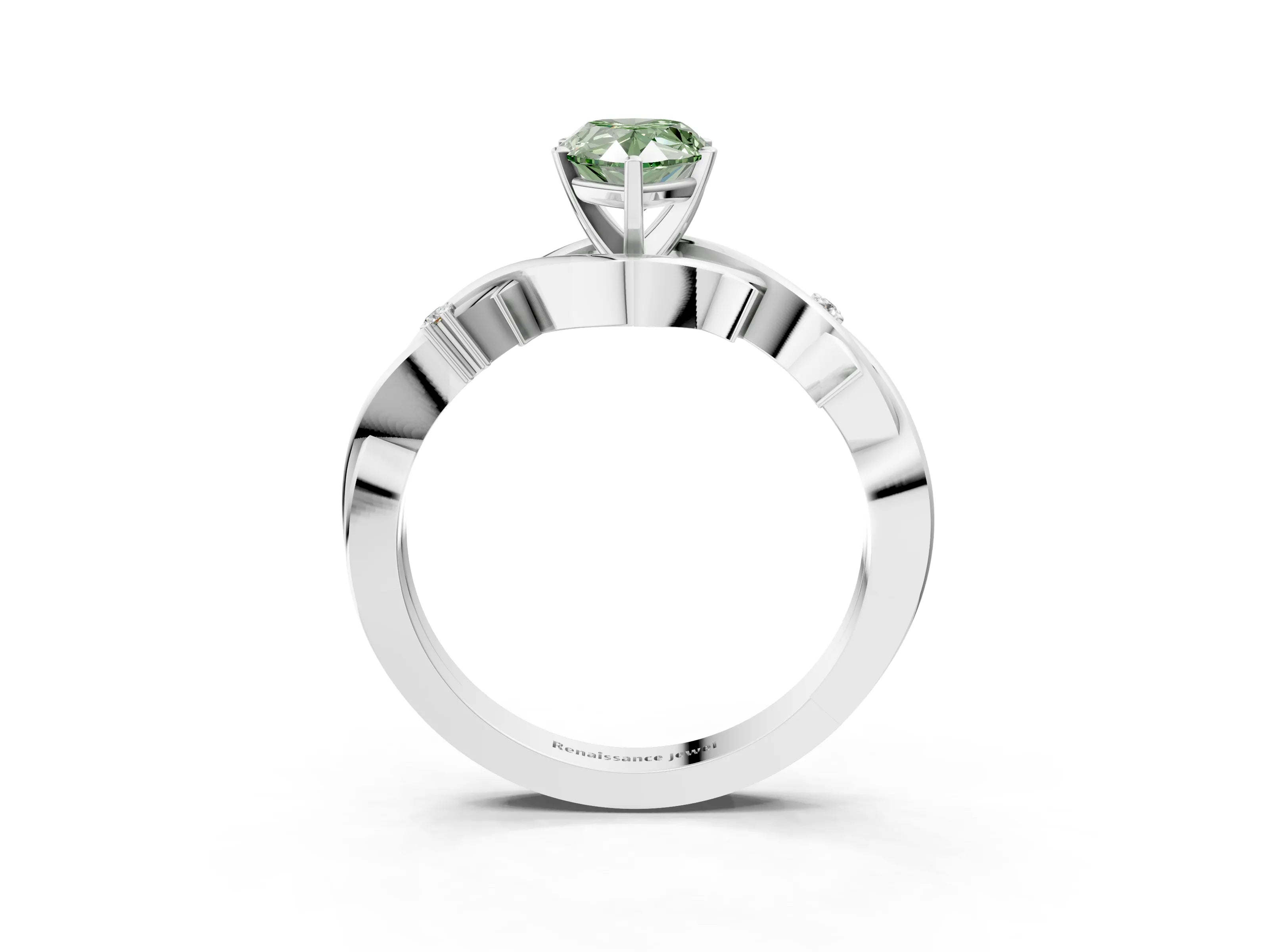 White gold Fancy Green Pear Cut Diamond Solitaire Ring with Twisted Band and Prong Setting_257