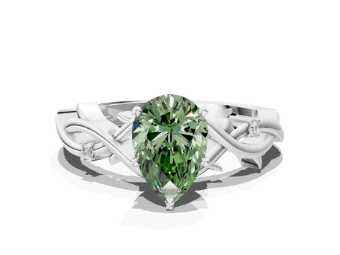 White gold Fancy Green Pear Cut Diamond Solitaire Ring with Twisted Band and Prong Setting_260
