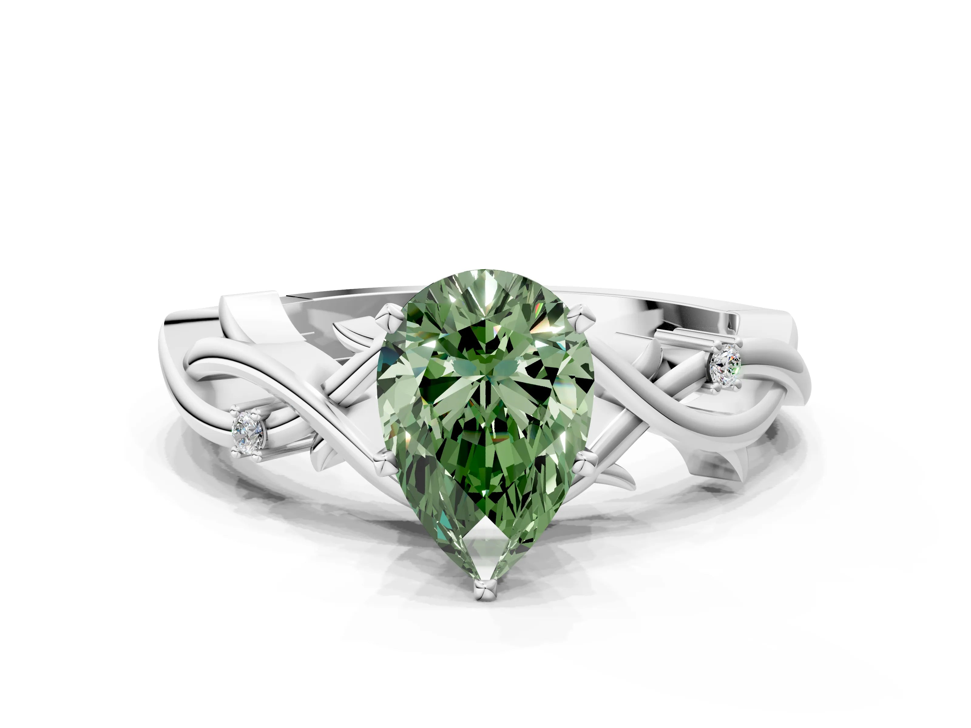 White gold Fancy Green Pear Cut Diamond Solitaire Ring with Twisted Band and Prong Setting_261