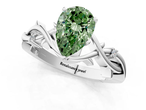 White gold Fancy Green Pear Cut Diamond Solitaire Ring with Twisted Band and Prong Setting_261
