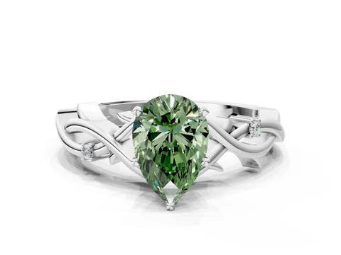 White gold Fancy Green Pear Cut Diamond Solitaire Ring with Twisted Band and Prong Setting_261