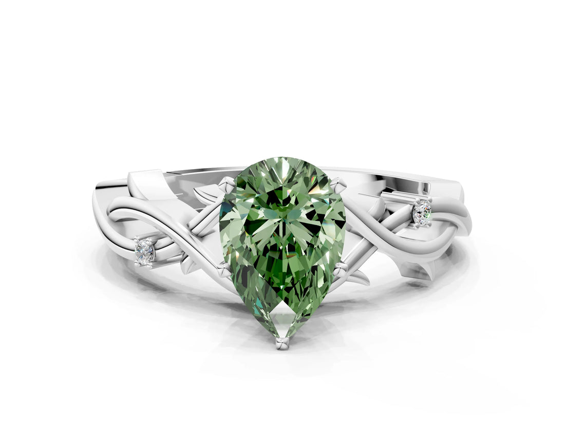 White gold Fancy Green Pear Cut Diamond Solitaire Ring with Twisted Band and Prong Setting_272