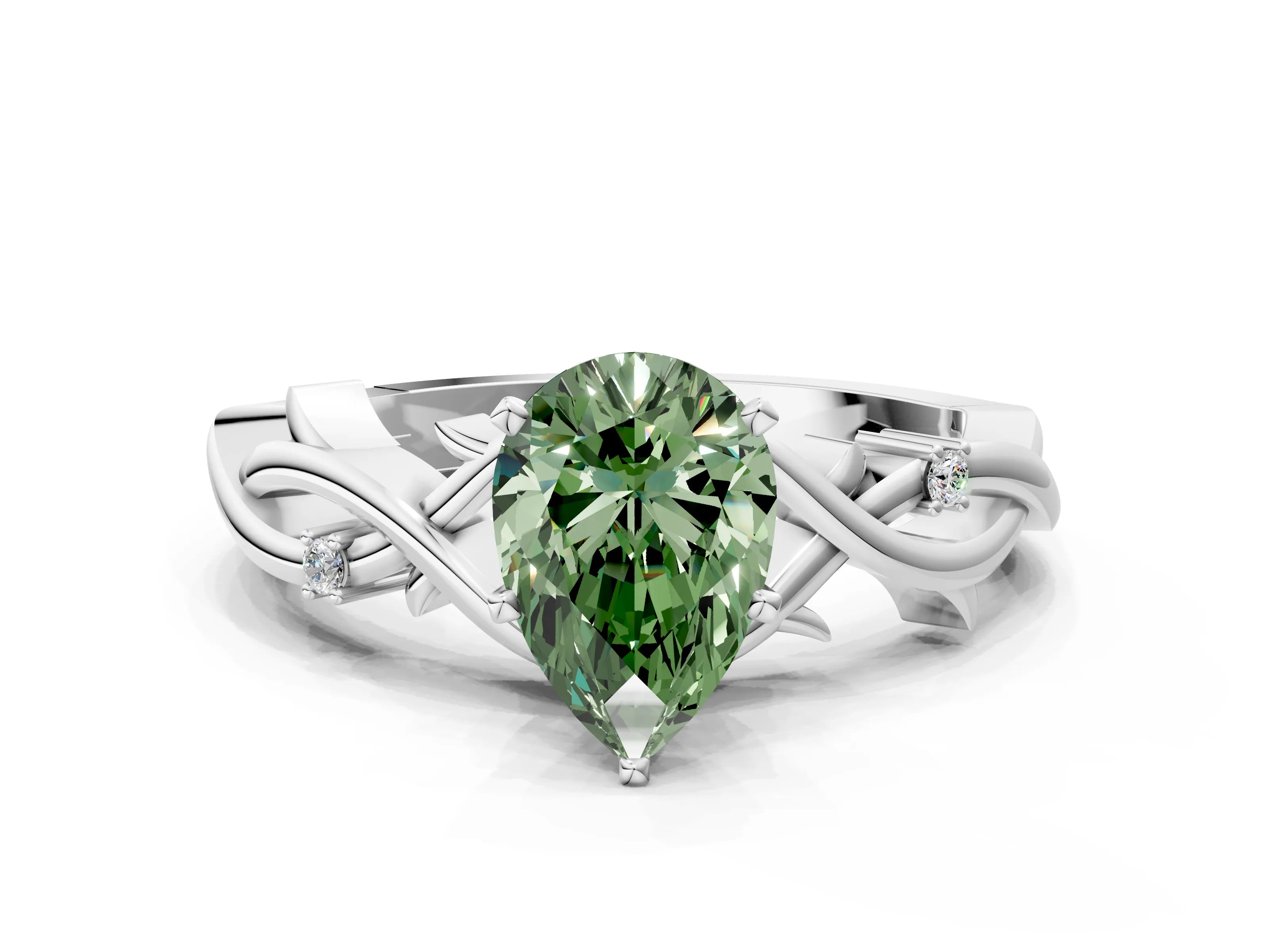 White gold Fancy Green Pear Cut Diamond Solitaire Ring with Twisted Band and Prong Setting_279