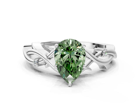 White gold Fancy Green Pear Cut Diamond Solitaire Ring with Twisted Band and Prong Setting_279