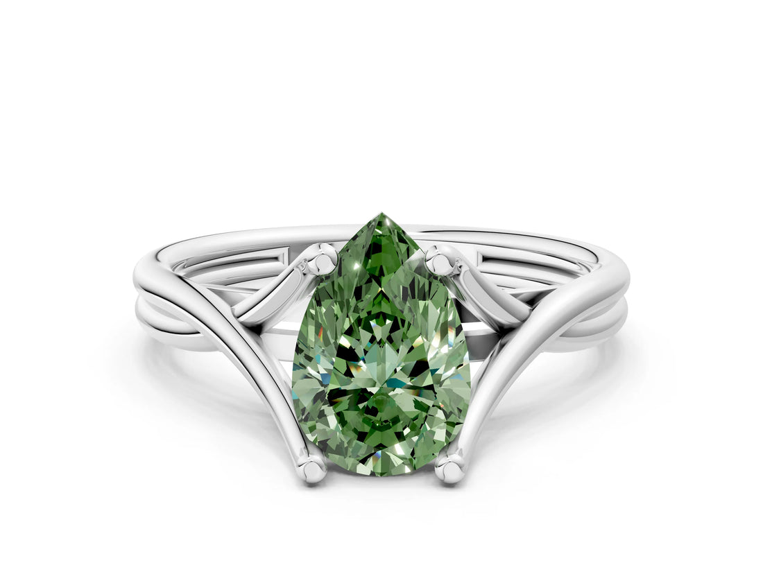 White gold Fancy Green Pear Cut Diamond Solitaire Twist Band Prong Setting Ring_68