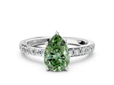 White gold Fancy Green Pear  Cut Diamond Solitaire with Pave Band and Four-Prong Setting 1