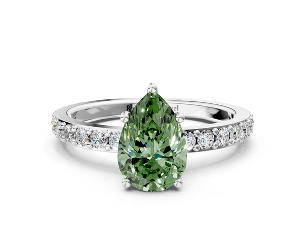White gold Fancy Green Pear  Cut Diamond Solitaire with Pave Band and Four-Prong Setting