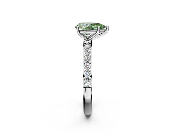 White gold Fancy Green Pear  Cut Diamond Solitaire with Pave Band and Four-Prong Setting