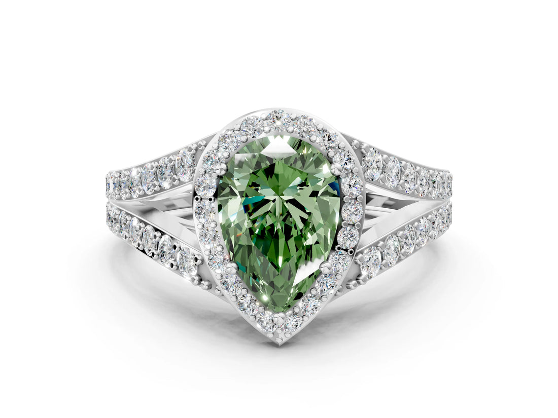 White gold Fancy Green Pear Cut Diamond Split Shank Halo Ring with Four-Prong Setting_90