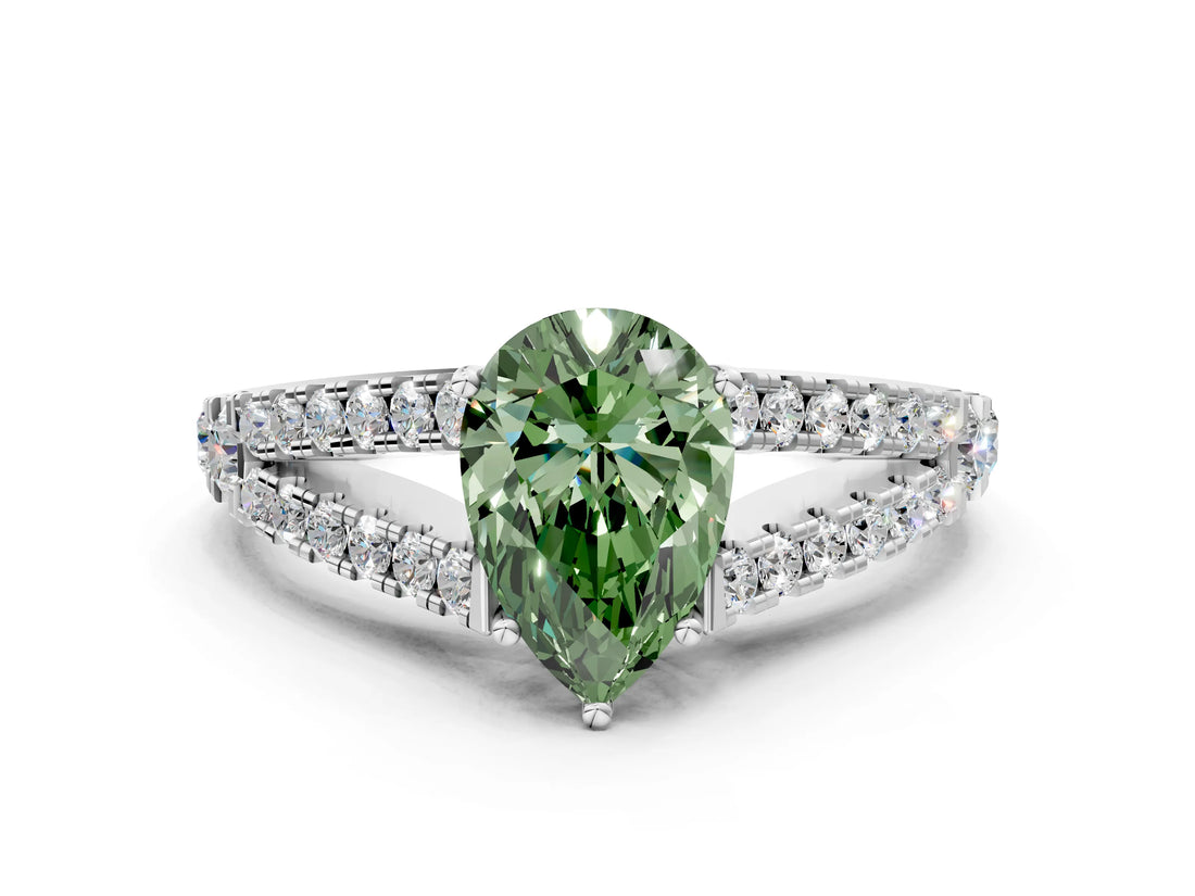 White gold Fancy Green Pear Cut Diamond Split Shank Pavé Engagement Ring with Four-Prong Setting_115