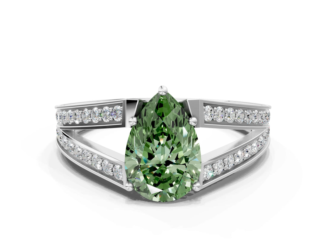 White gold Fancy Green Pear Cut Diamond Split Shank Ring with Pavé Band and Four-Prong Setting_58