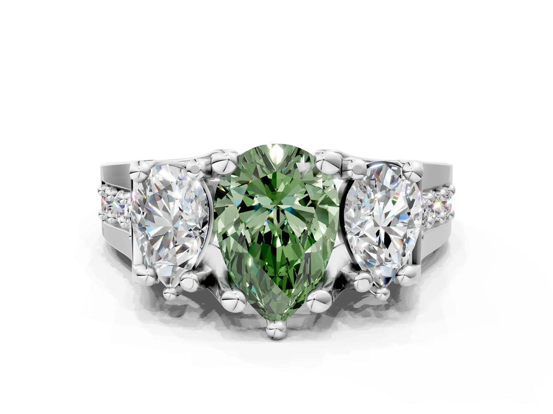 White gold Fancy Green Pear Cut Diamond Three-Stone Ring with Channel Set Band and Four-Prong Setting_62