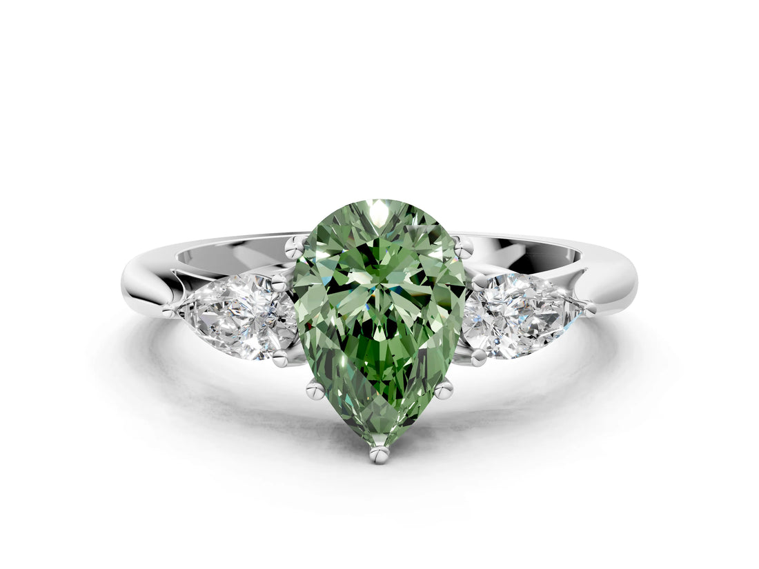 White gold Fancy Green Pear Cut Diamond Three-Stone Ring with Pear  Side Stones and Prong Setting_132