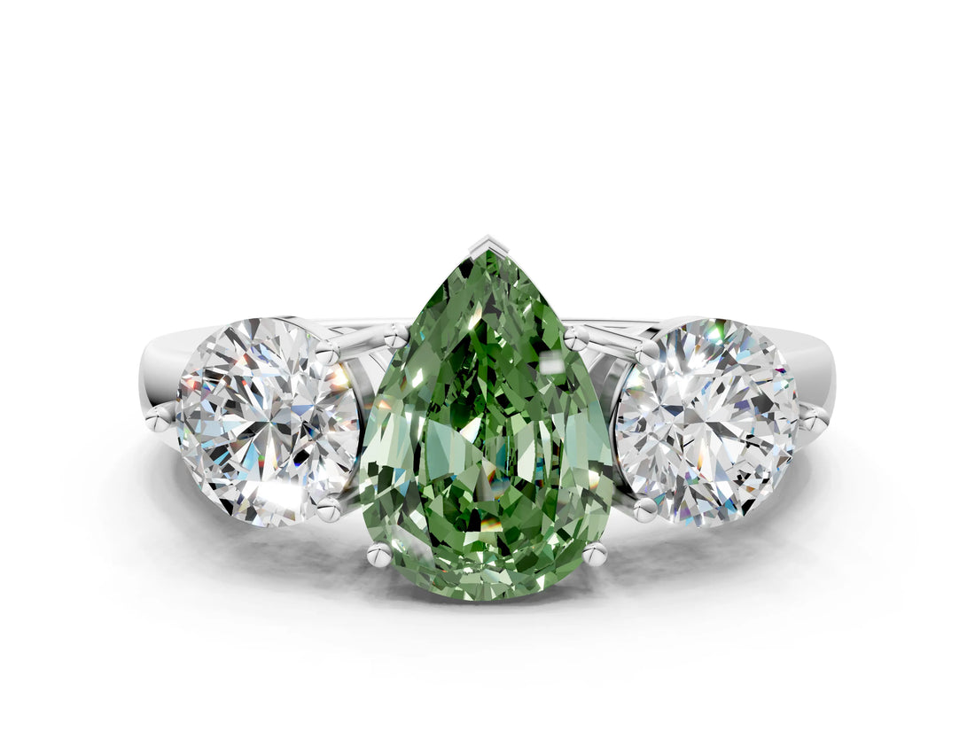 White gold Fancy Green Pear Cut Diamond Three-Stone Ring with Prong Setting and Classic Band_122
