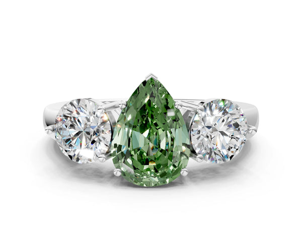 White gold Fancy Green Pear Cut Diamond Three-Stone Ring with Prong Setting and Classic Band