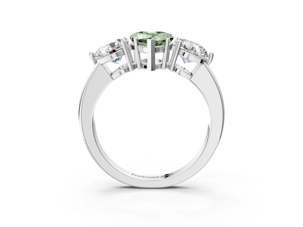 White gold Fancy Green Pear Cut Diamond Three-Stone Ring with Prong Setting and Classic Band