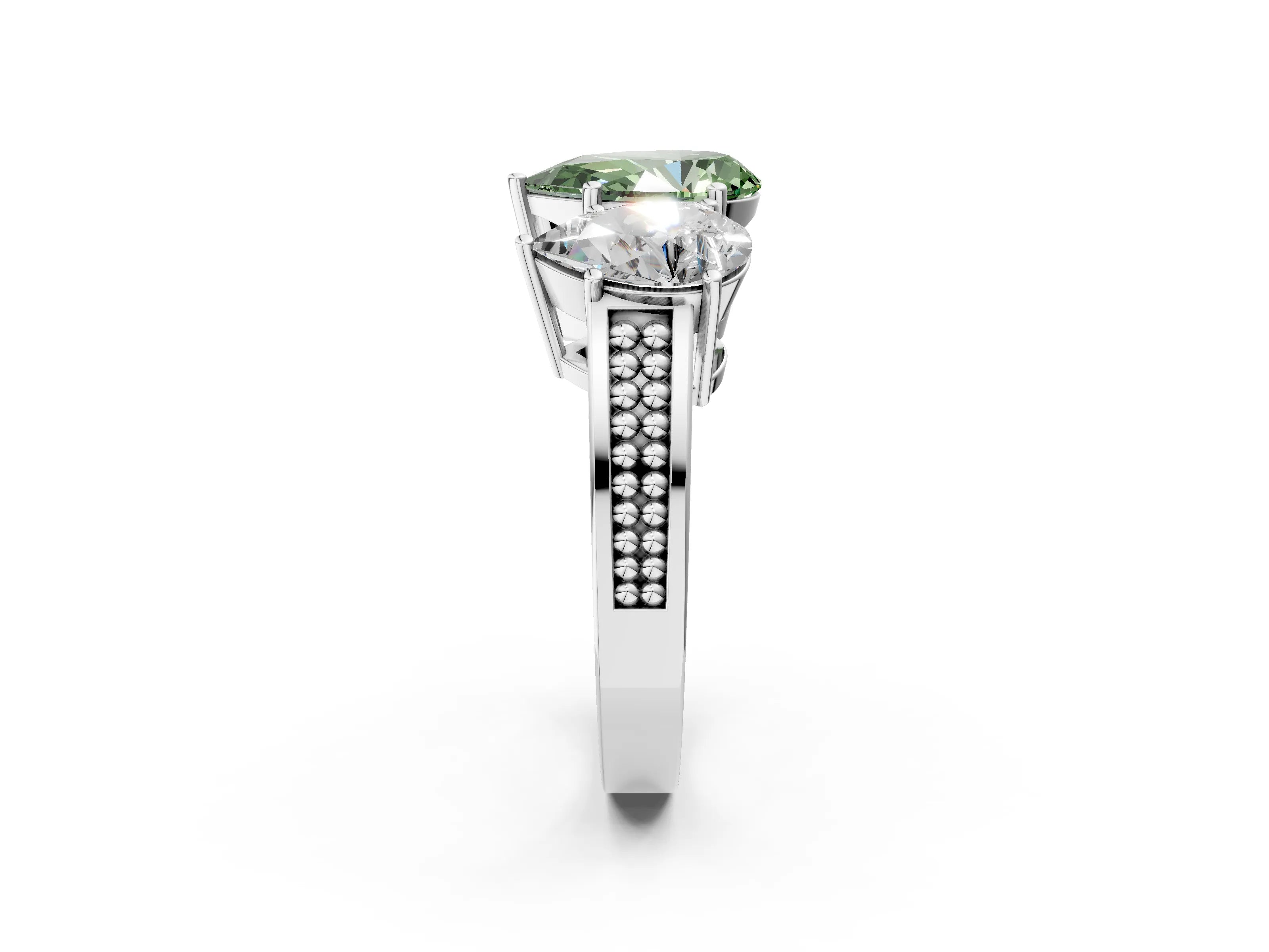 White gold Fancy Green Pear Cut Diamond Three-Stone Ring with Prong Setting and Textured Band_10