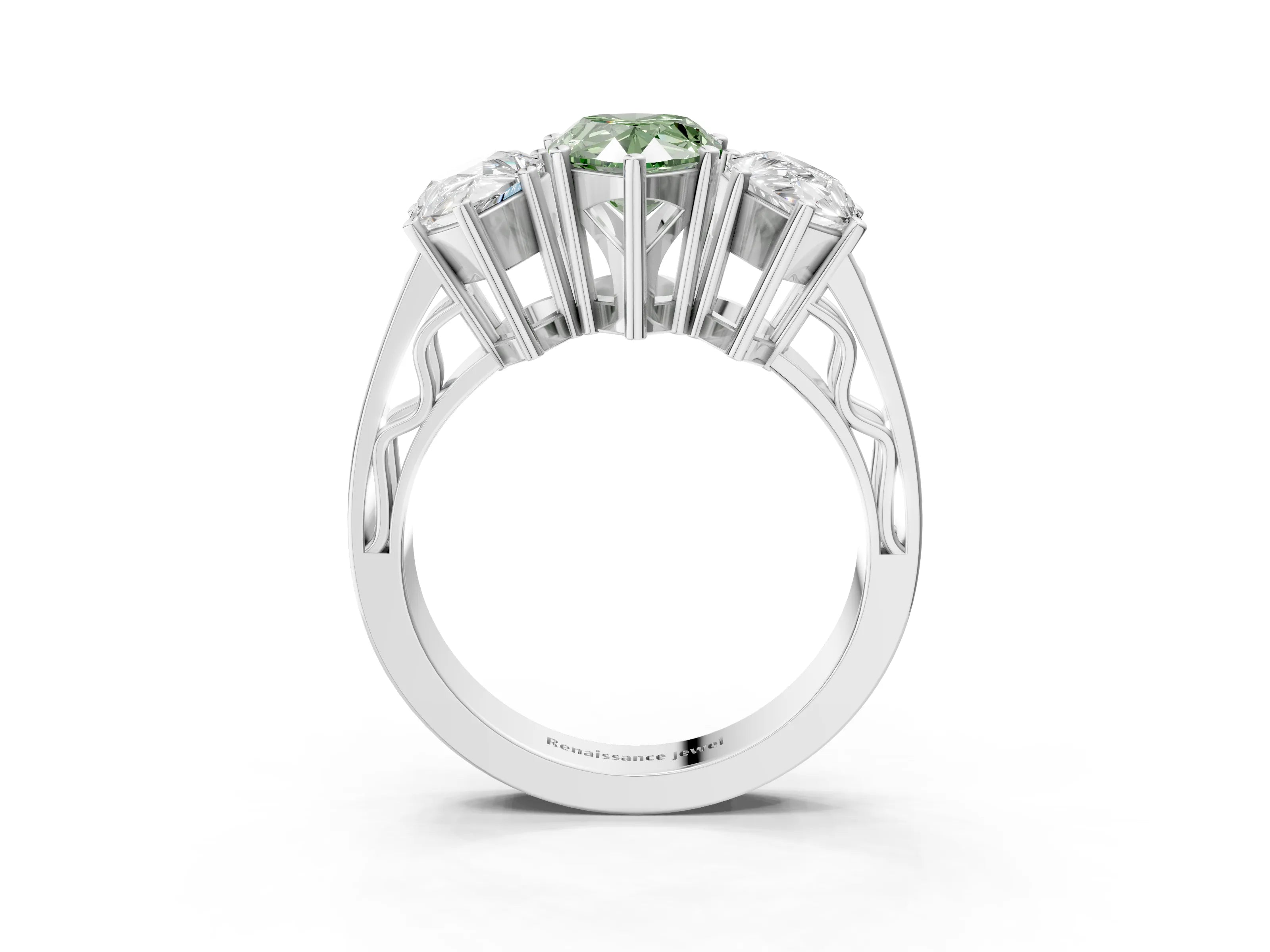 White gold Fancy Green Pear Cut Diamond Three-Stone Ring with Prong Setting and Textured Band_15