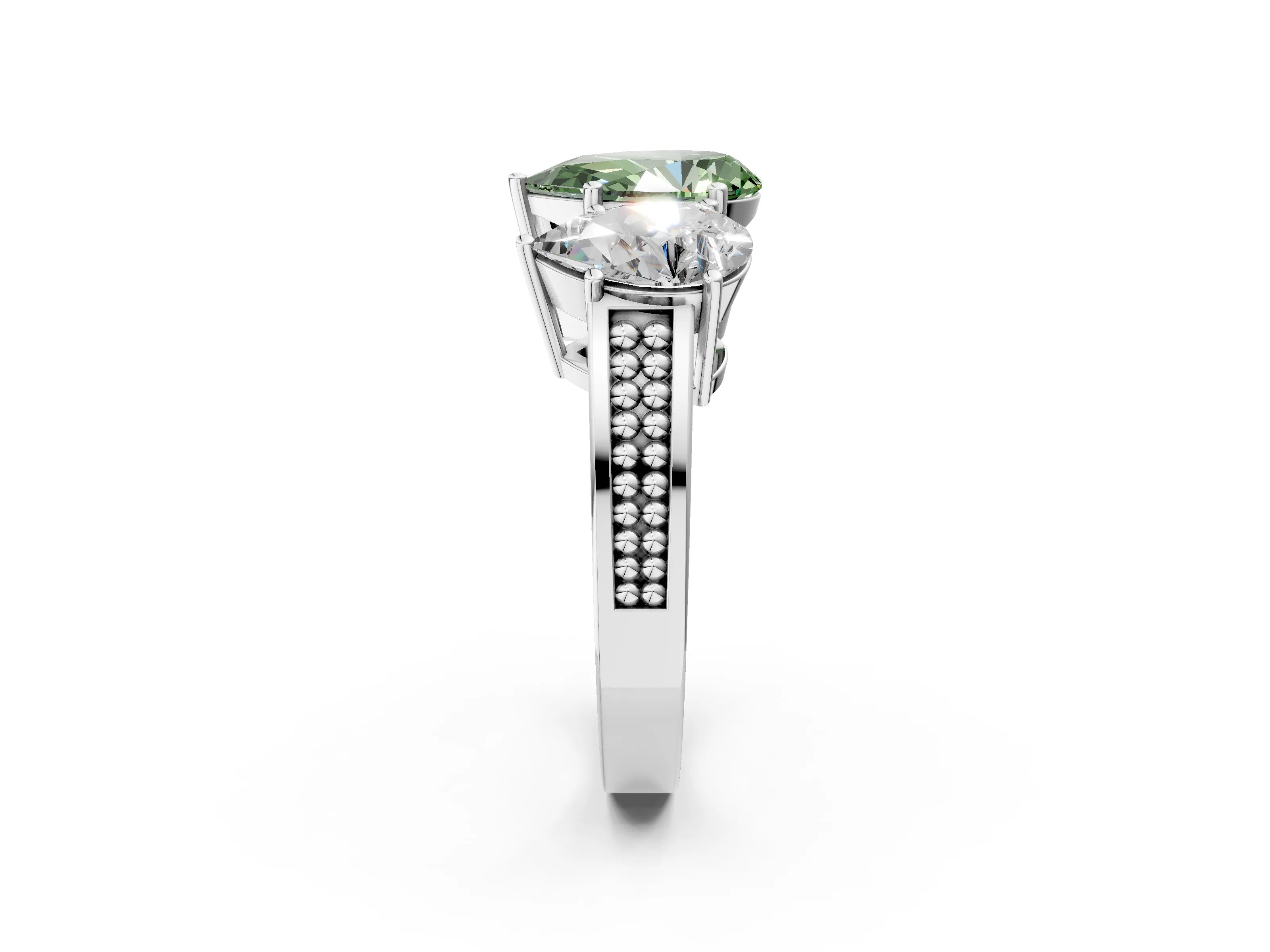 White gold Fancy Green Pear Cut Diamond Three-Stone Ring with Prong Setting and Textured Band_2