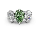 White gold Fancy Green Pear Cut Diamond Three-Stone Ring with Prong Setting and Textured Band_24