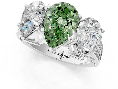 White gold Fancy Green Pear Cut Diamond Three-Stone Ring with Prong Setting and Textured Band_25