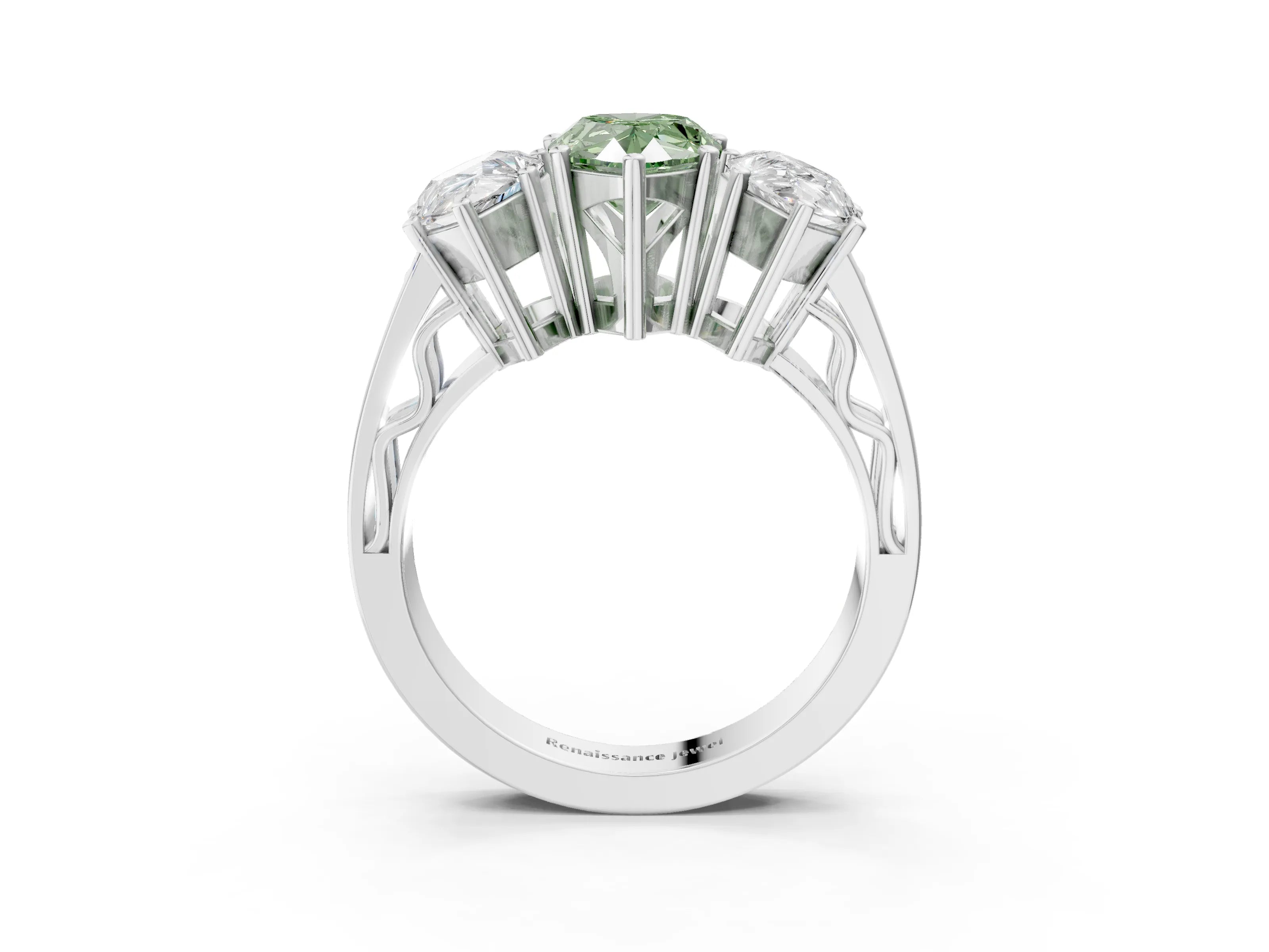 White gold Fancy Green Pear Cut Diamond Three-Stone Ring with Prong Setting and Textured Band_27