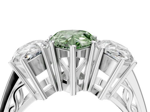 White gold Fancy Green Pear Cut Diamond Three-Stone Ring with Prong Setting and Textured Band_28