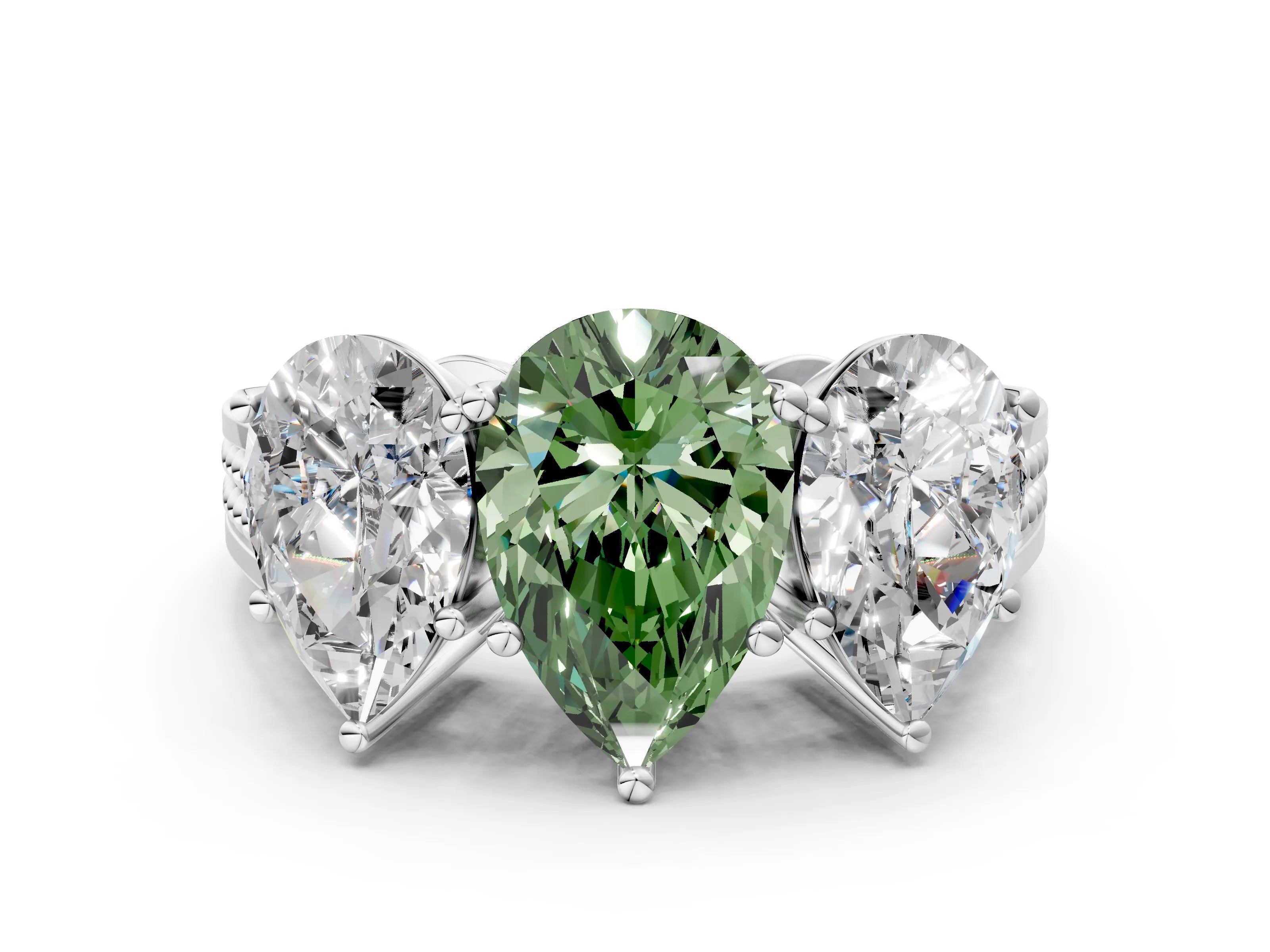 White gold Fancy Green Pear Cut Diamond Three-Stone Ring with Prong Setting and Textured Band_36