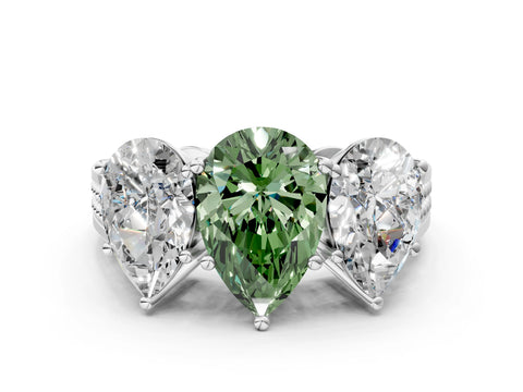 White gold Fancy Green Pear Cut Diamond Three-Stone Ring with Prong Setting and Textured Band_36