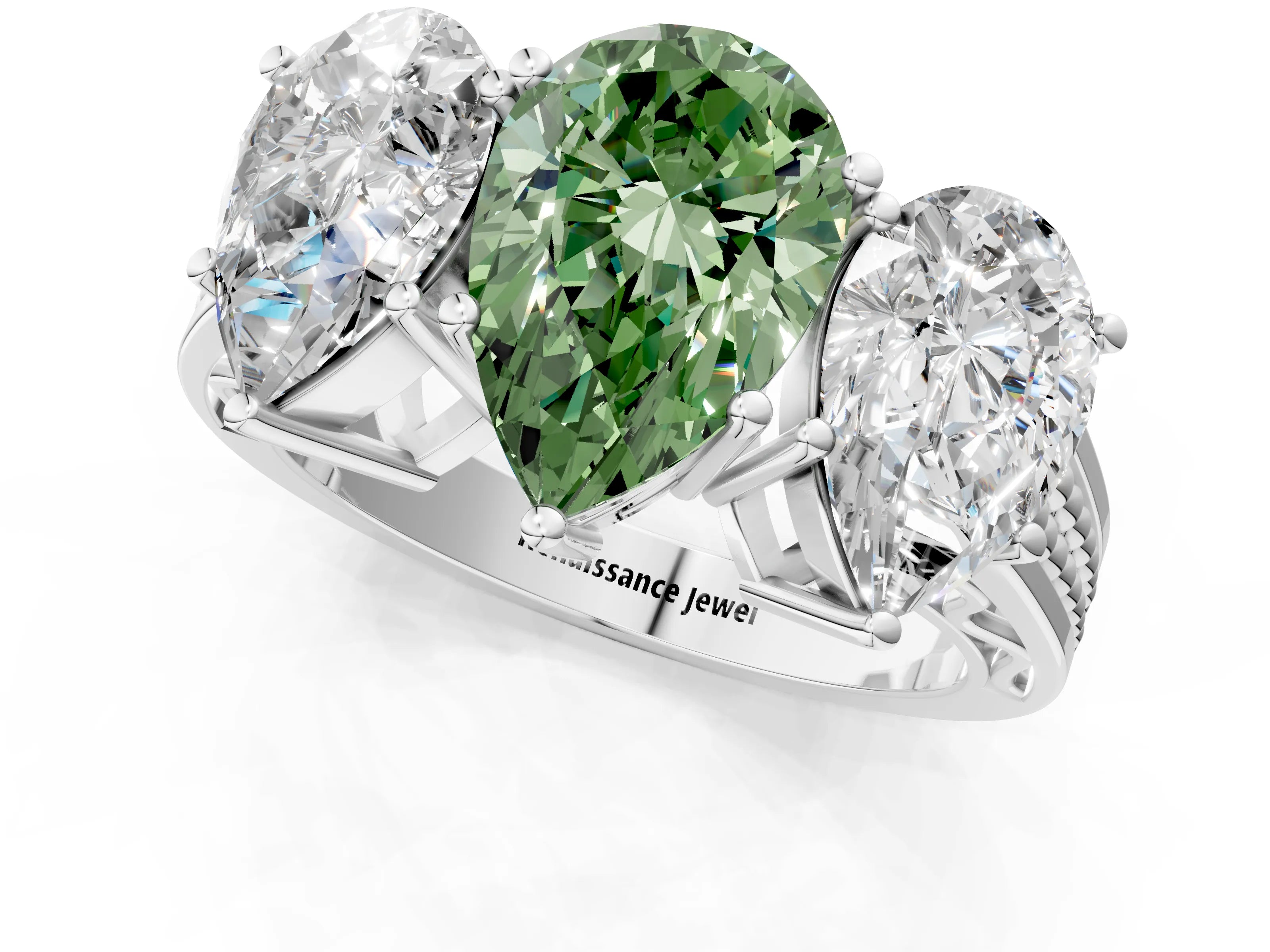 White gold Fancy Green Pear Cut Diamond Three-Stone Ring with Prong Setting and Textured Band_37