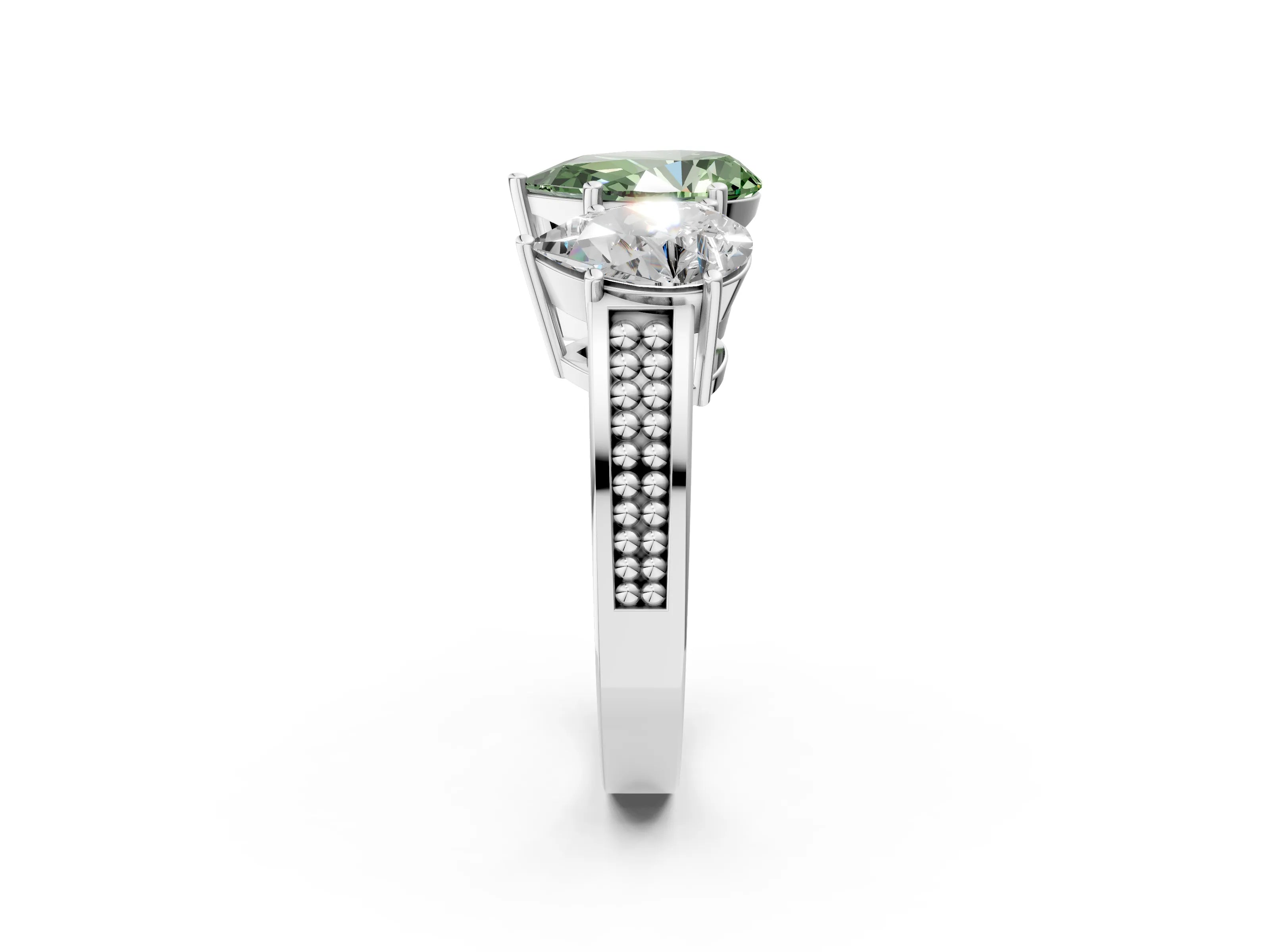 White gold Fancy Green Pear Cut Diamond Three-Stone Ring with Prong Setting and Textured Band_38