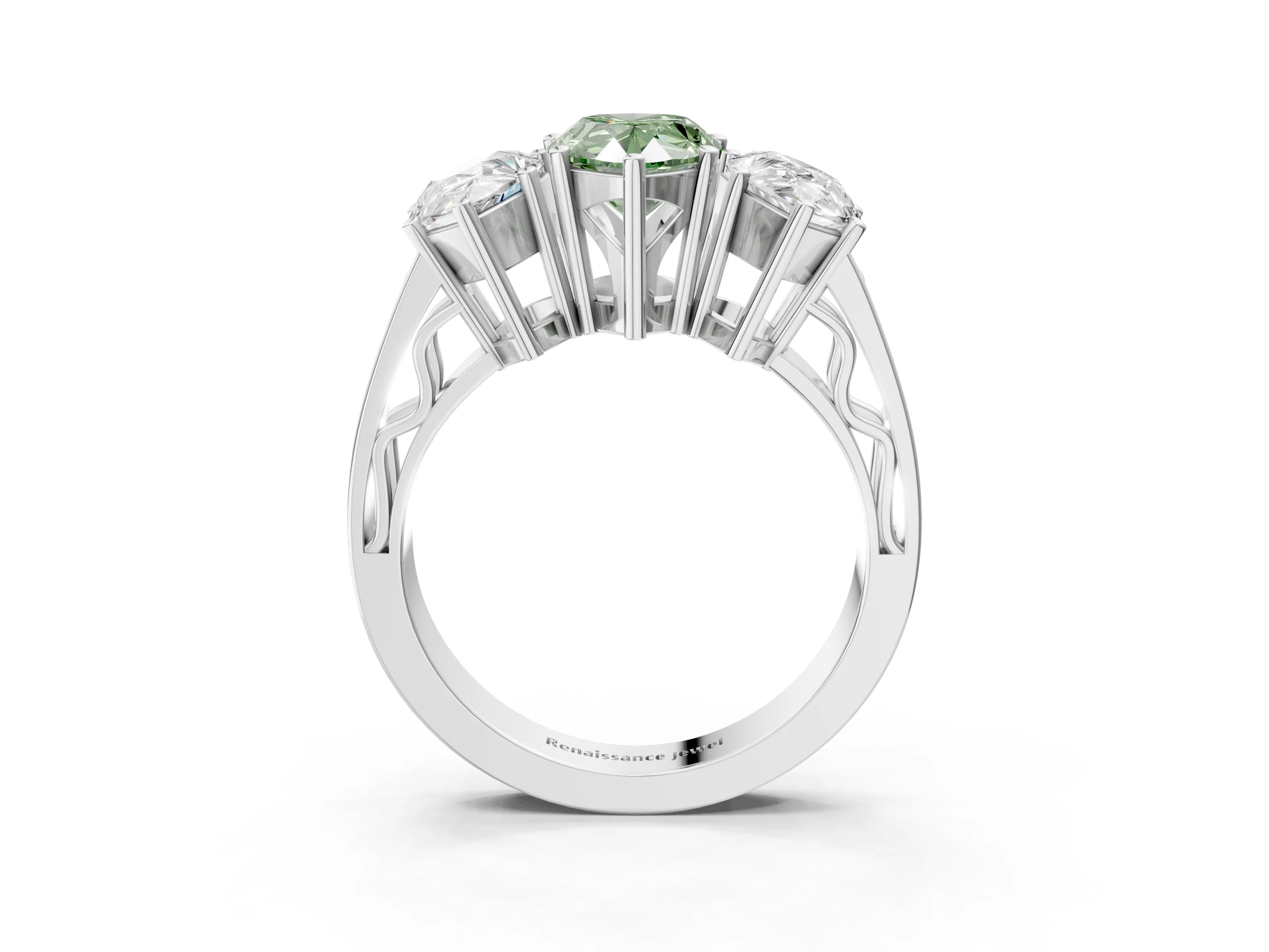 White gold Fancy Green Pear Cut Diamond Three-Stone Ring with Prong Setting and Textured Band_39