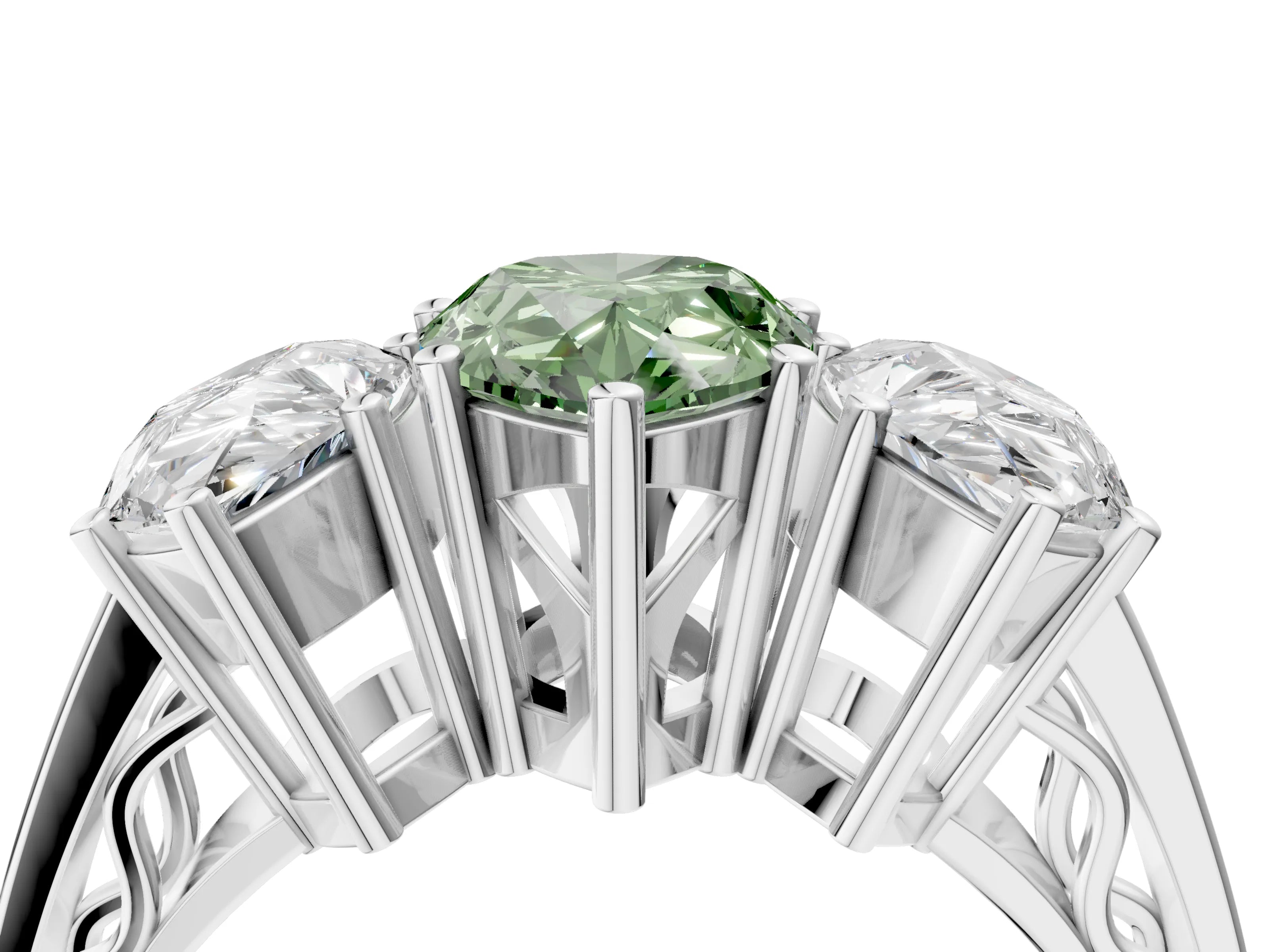 White gold Fancy Green Pear Cut Diamond Three-Stone Ring with Prong Setting and Textured Band_40