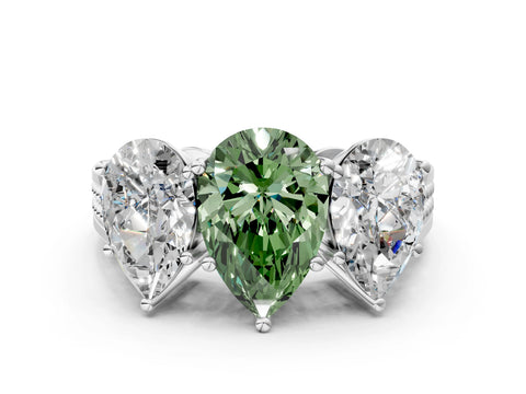 White gold Fancy Green Pear Cut Diamond Three-Stone Ring with Prong Setting and Textured Band_8