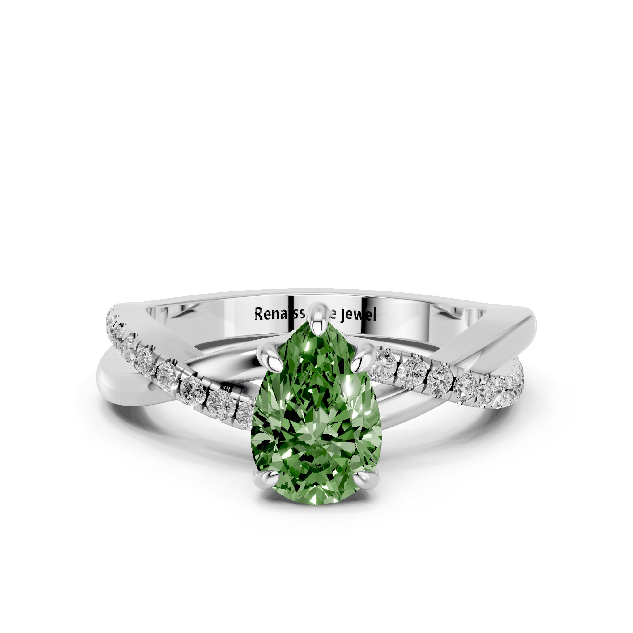 White gold Fancy Green Pear  Cut Diamond Twist Band Solitaire with Prong Setting_11