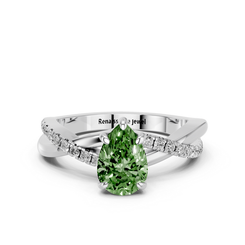 White gold Fancy Green Pear  Cut Diamond Twist Band Solitaire with Prong Setting_18