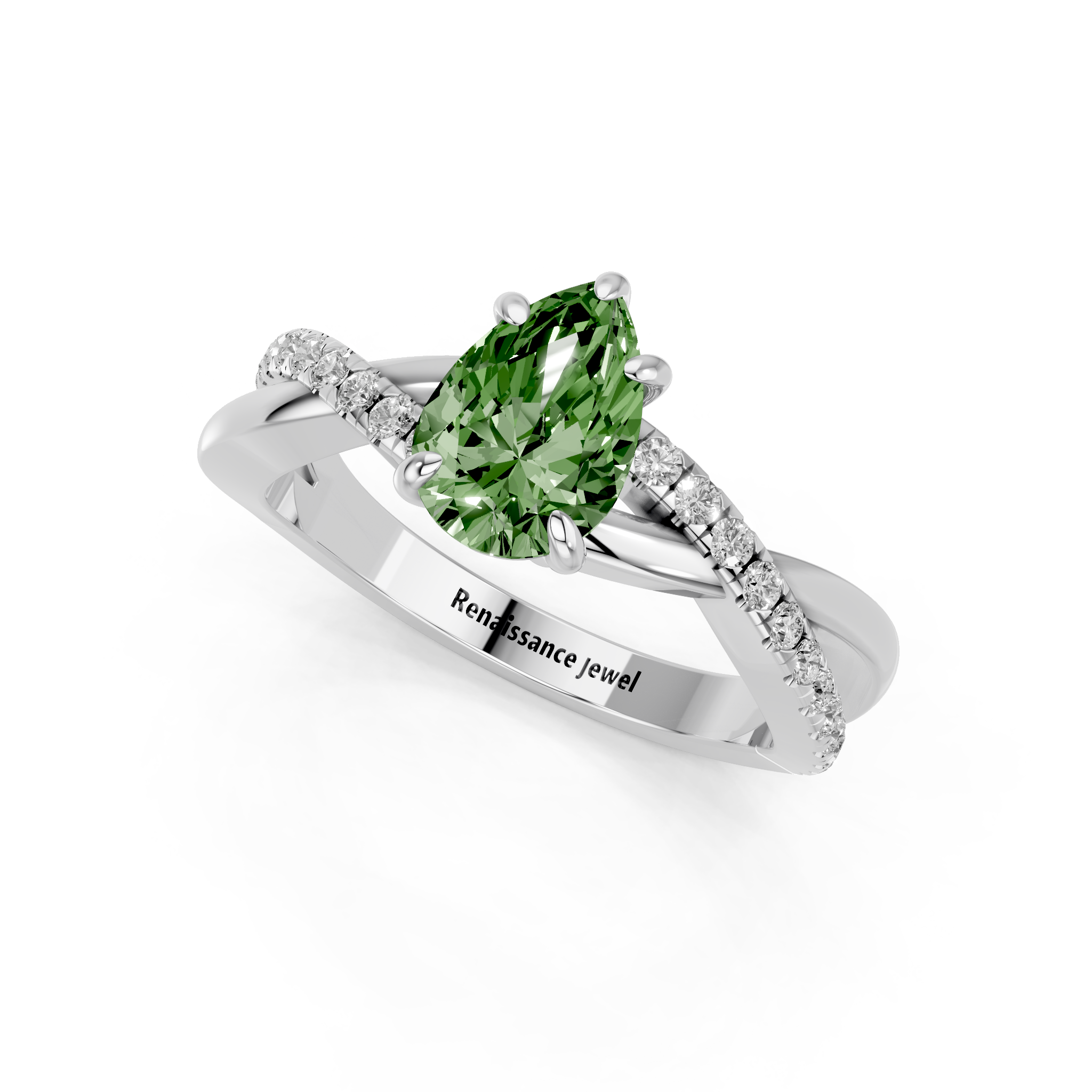 White gold Fancy Green Pear  Cut Diamond Twist Band Solitaire with Prong Setting_3