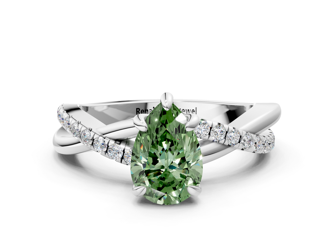 White gold Fancy Green Pear  Cut Diamond Twist Band Solitaire with Prong Setting_41