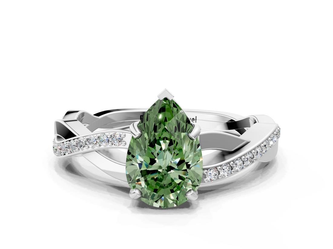 White gold Fancy Green Pear  Cut Diamond Twisted Band Engagement Ring with Prong Setting_3