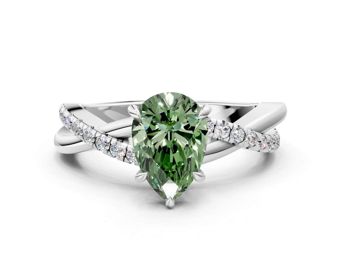 White gold Fancy Green Pear  Cut Diamond Twisted Band with Pavé Setting and Four-Prong Setting_20
