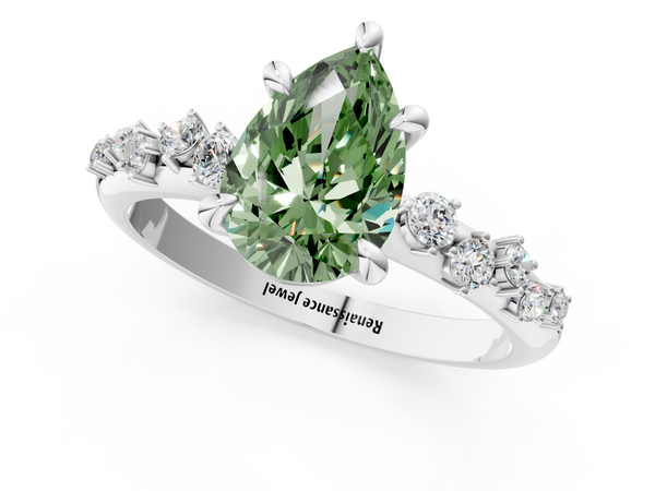 Platinum Fancy Green Pear  Cut Diamond Vine Band with Four-Prong Setting
