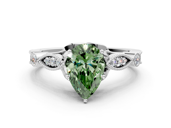 Platinum Fancy Green Pear  Cut Diamond with Milgrain Marquise and Bezel Accents on a Solitaire Band with Prong Setting